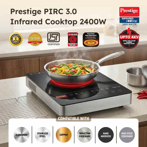 Prestige PIRC 3.0 Plus 2400 Watts Infrared Cooktop | Preset Indian Menu Option with Timer | Compatible With Any Metal Cookware With Flat Bottom | Easy to clean | Portable | Black | 1Y Warranty ( Order Minimum 5 no )