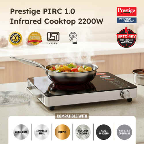 Prestige PIRC 1.0 2200 Watts Infrared Cooktop | Preset Indian Menu Options & Timer | Compatible With Any Metal Cookware With Flat Bottom | Easy to clean | Portable | Black | 1Y Warranty | BIS (OrderMinimum 5 No )